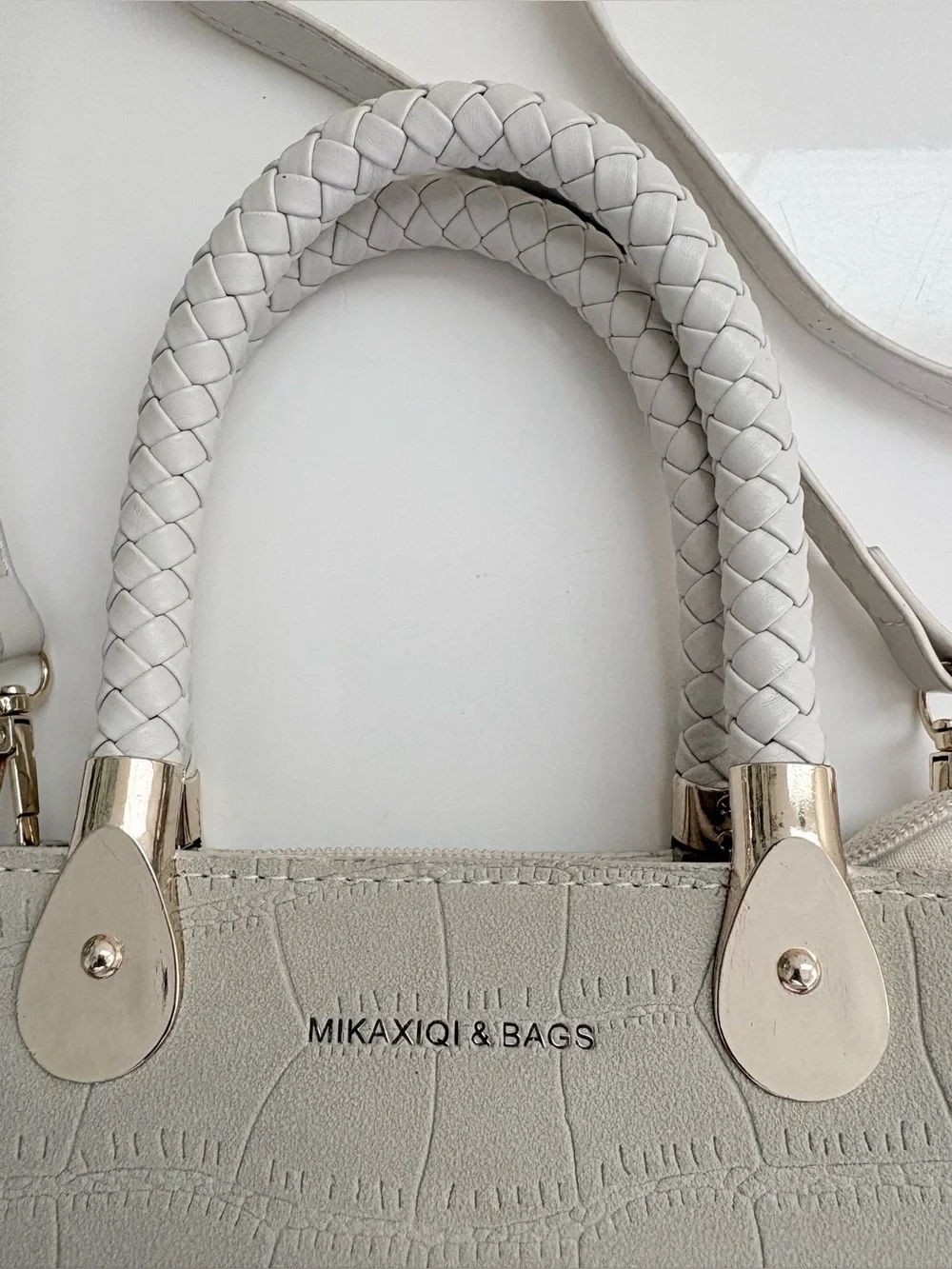 Women’s Cream Croc-Embossed Top-Handle Bag with Removable Strap Zipper Closure